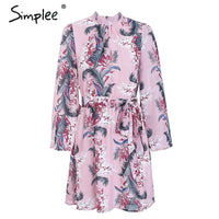 Simplee Backless lace up summer dress women Flare sleeve floral print chiffon dress Beach casual short dress robe femme 2018