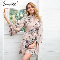 Simplee Backless lace up summer dress women Flare sleeve floral print chiffon dress Beach casual short dress robe femme 2018